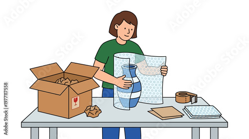 Woman carefully wrapping and packaging a delicate blue vase for shipping