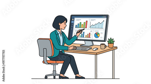 Businesswoman analyzes data charts and graphs on computer screen with a stylus in hand confidently