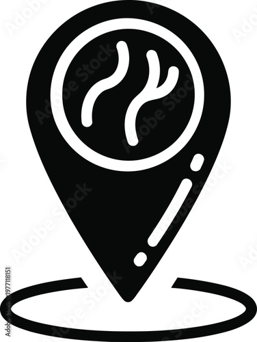 A black location pin icon with a white coffee bean symbol inside the circle