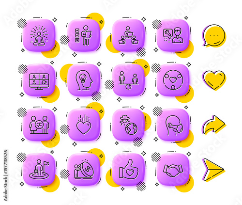 Inflation, Fraud and Inclusion line icons. App 3d buttons. Social media comment, share, like icons. Pack of Mental health, Teamwork, Voting ballot icon. Heart, Like hand, Equity pictogram. Vector