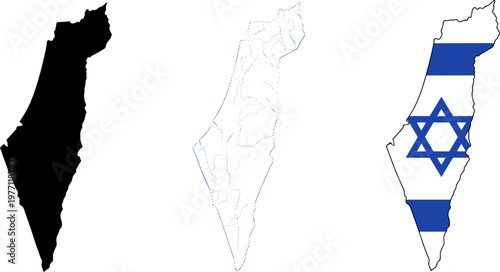 Tableau sur toile Israel map collection, national flag pattern, black silhouette and dotted outlin