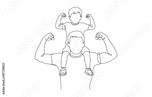 Vector illustration of a father and son both flexing their muscles line art illustration together childhood connection shoulders minimalist lifestyle relationship fatherhood parenthood