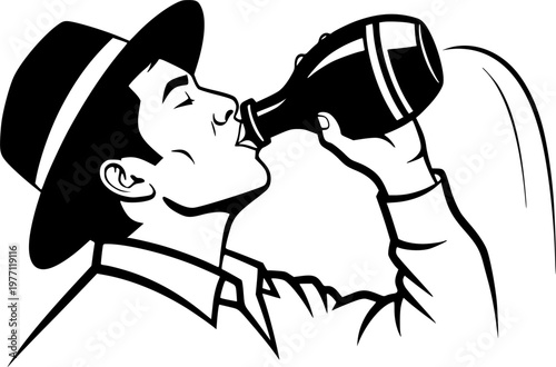 Egyptian Farmer Drinking Qolla Silhouette Village Tradition Refreshment Black Vector