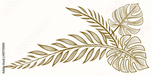 Golden tropical palm and monstera leaf illustration, vector