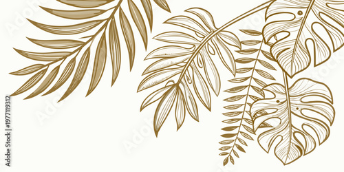 Elegant botanical palm and monstera leaf line art, vector