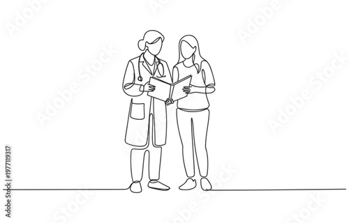 Medical consultation depicted as a simple line drawing between two individuals with line art medical staff patient care family doctor general practitioner white background record