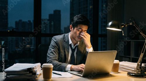 Businessman using a laptop while working late in his office
