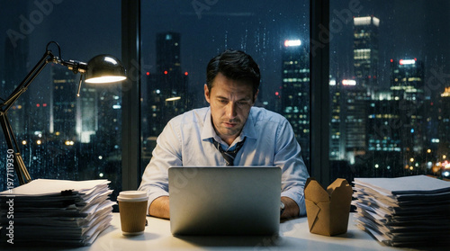 Businessman using a laptop while working late in his office