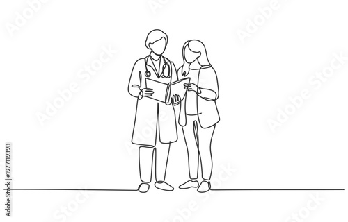 Outline illustration of a doctor and patient holding and looking at papers with line art medical staff patient care family doctor general practitioner white background medical record healthcare