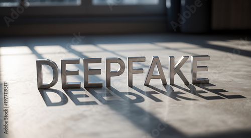 Silver metallic deepfake word standing on a concrete floor with sharp shadows and soft lighting