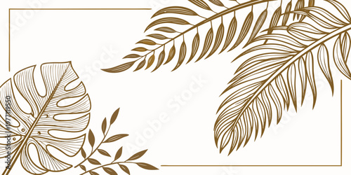 Elegant golden tropical leaves border, vector