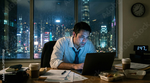 Businessman using a laptop while working late in his office