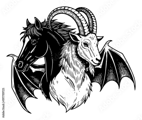 Mythological chimera monster with horse and goat heads and bat wings in woodcut engraving style