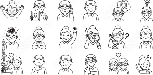 Senior people character set illustrating various lifestyle situations such as thinking sleeping and using technology in line art style.