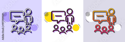 People chatting line icon. Halftone dotted pattern. Gradient icon with grain shadow. Business seminar sign. Job meeting symbol. Line people chatting icon. Various designs. Vector
