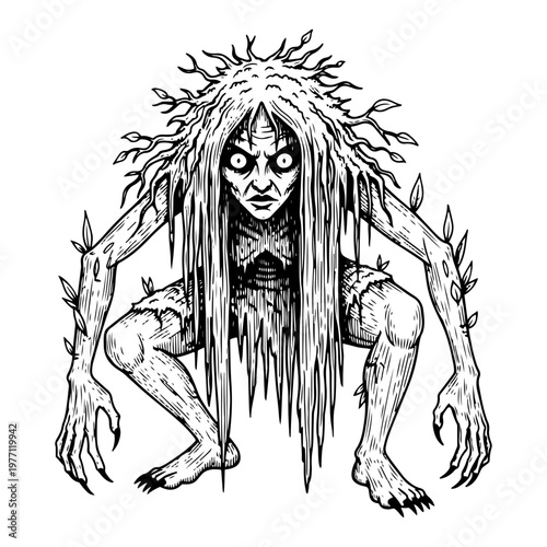 Obraz na plátne Creepy forest witch or swamp hag with branch like limbs in woodcut engraving sty