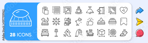 Table lamp, Square meter and Paper wallpaper line icons. Interest rate, AI generate, Inflation icons. Pack of Box size, Floor lamp, Breathable mattress icon. Vector