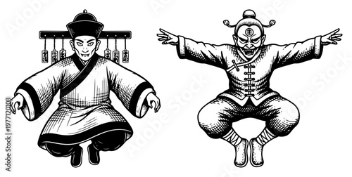 Canvas Print Vintage engraving of Chinese hopping vampires or Jiangshi characters in traditio