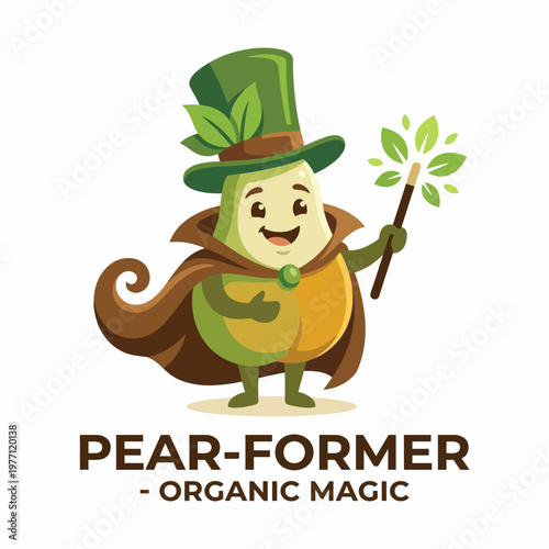 An enchanting pear character dressed as a wizard, complete with a cape and wand, embodying the magic of organic creations and vibrant storytelling in design.