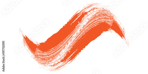 Bright orange paint splash with textured brush strokes and small splatter dots on a white background