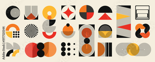 Hand drawn abstract minimal element mid century vector set. Aesthetic contemporary stripe line art, geometric shape in monochrome. Art form design for wall art, decoration, wallpaper.