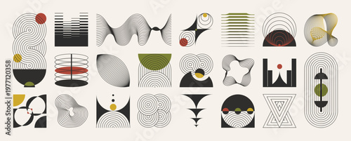Hand drawn abstract minimal element mid century vector set. Aesthetic contemporary stripe line art, geometric shape in monochrome. Art form design for wall art, decoration, wallpaper.