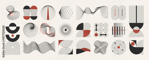 Hand drawn abstract minimal element mid century vector set. Aesthetic contemporary stripe line art, geometric shape in monochrome. Art form design for wall art, decoration, wallpaper.