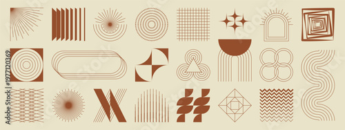 Hand drawn abstract minimal element mid century vector set. Aesthetic contemporary stripe line art, geometric shape in monochrome. Art form design for wall art, decoration, wallpaper.