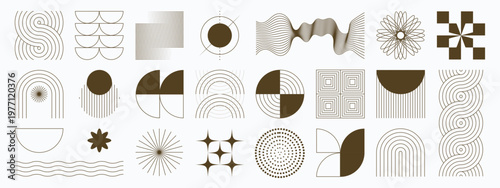 Hand drawn abstract minimal element mid century vector set. Aesthetic contemporary stripe line art, geometric shape in monochrome. Art form design for wall art, decoration, wallpaper.