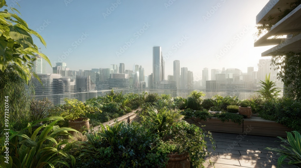 Fototapeta premium rooftop garden in modern city, green plants, urban skyline, eco architecture, sunlight, fresh atmosphere, contemporary design