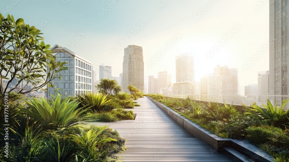 Fototapeta premium rooftop garden in modern city, green plants, urban skyline, eco architecture, sunlight, fresh atmosphere, contemporary design