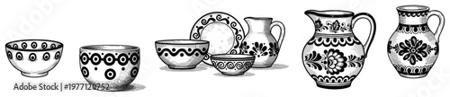 Collection of traditional ceramic pottery bowls and jugs with folk patterns in woodcut engraving style