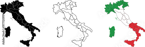 Italy map illustration set, solid silhouette with regions, outline design, Italian flag overlay, national symbol, geographic country shape, Europe