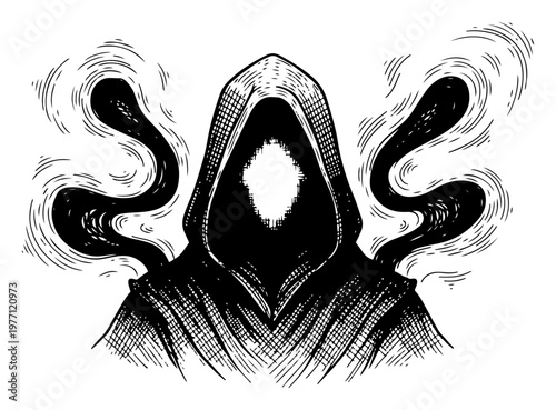 Dark hooded phantom with swirling mystical smoke in a vintage woodcut engraving style