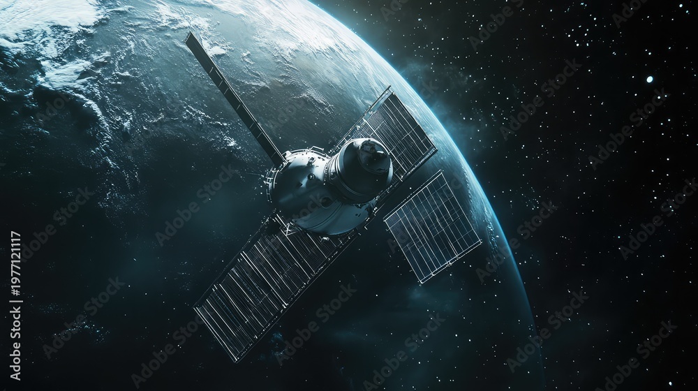 Fototapeta premium Communication satellite is flying high above the earth, providing global connectivity and advanced technology for observation, navigation, and telecommunication systems across continents
