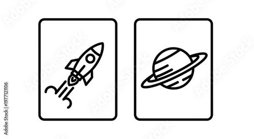 Rocket launching and saturn planet icons with universe astronomy exploration illustration minimalist background isolated technology transport movement celestial adventure
