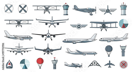 Collection of vintage and modern aircraft illustrations and aviation symbols.