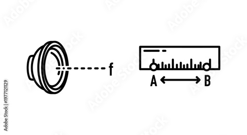 Focal length and focal distance icons with distance photography measurement illustration minimalist technology equipment optometric technical precision adjustment configuration engineering