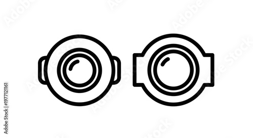 Two circular icons representing camera lens mounts with attachment connection photography equipment accessory component illustration minimalist isolated background abstract logotype