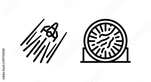 Space shuttle launching with speed lines and hamster wheel icon transport illustration minimalist isolated background abstract logotype creativity innovation exploration adventure universe