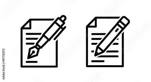 Icons of document with fountain pen and pencil for writing or signing document signature fountain instrument communication information contract agreement business illustration minimalist