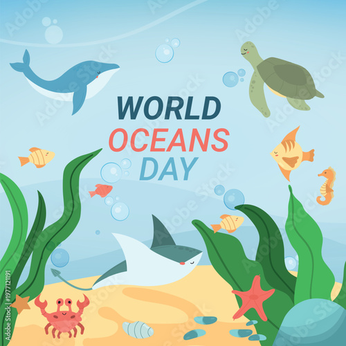 World Oceans Day underwater background with marine animals and sea life in flat vector style. Images for publishing on social networks.