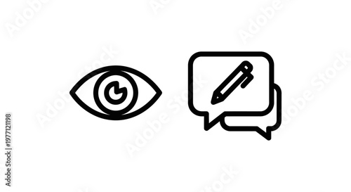 Eye icon for review and speech bubble with pencil for notes communication feedback document analysis assessment evaluation business discussion information observation illustration dialogue