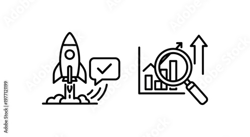Startup launch rocket and impact analysis graph icons with analysis business progress magnifying analytics strategy planning performance development management achievement illustration