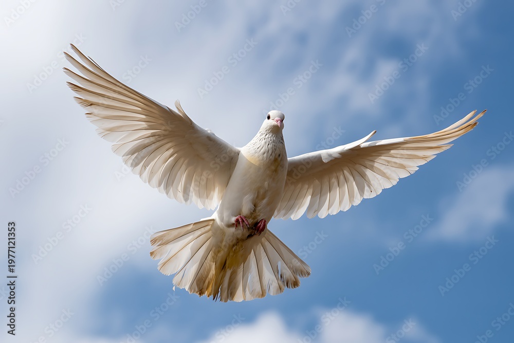 Fototapeta premium White dove in flight, flying bird, cloudy blue sky background, peaceful animal