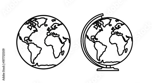 Globe and desktop globe icons with continent geography background illustration navigation international meridian latitude longitude education environment connected communication research