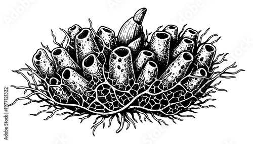 Organic cluster of sea sponges or tube fungal growths in vintage engraving style