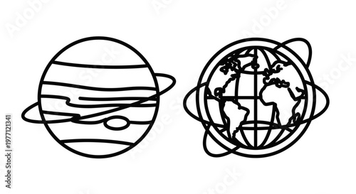 Planet jupiter and globe orbit icons with universe planetarium astronomy celestial exploration illustration circular rotation planetoid atmosphere connection