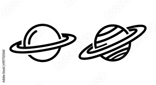 Stylized icons of planets and rings representing celestial bodies with celestial astronomy universe astrology spherical circular illustration minimalist abstract exploration wanderlust