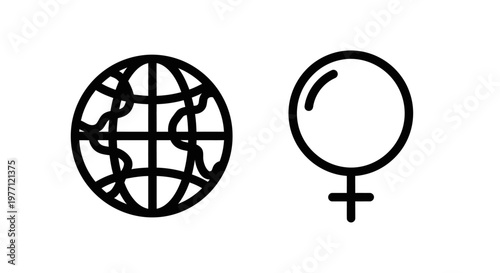 Globe and female symbol icons with illustration continents feminine equality connection communication information technology internet business diversity community organization humanity